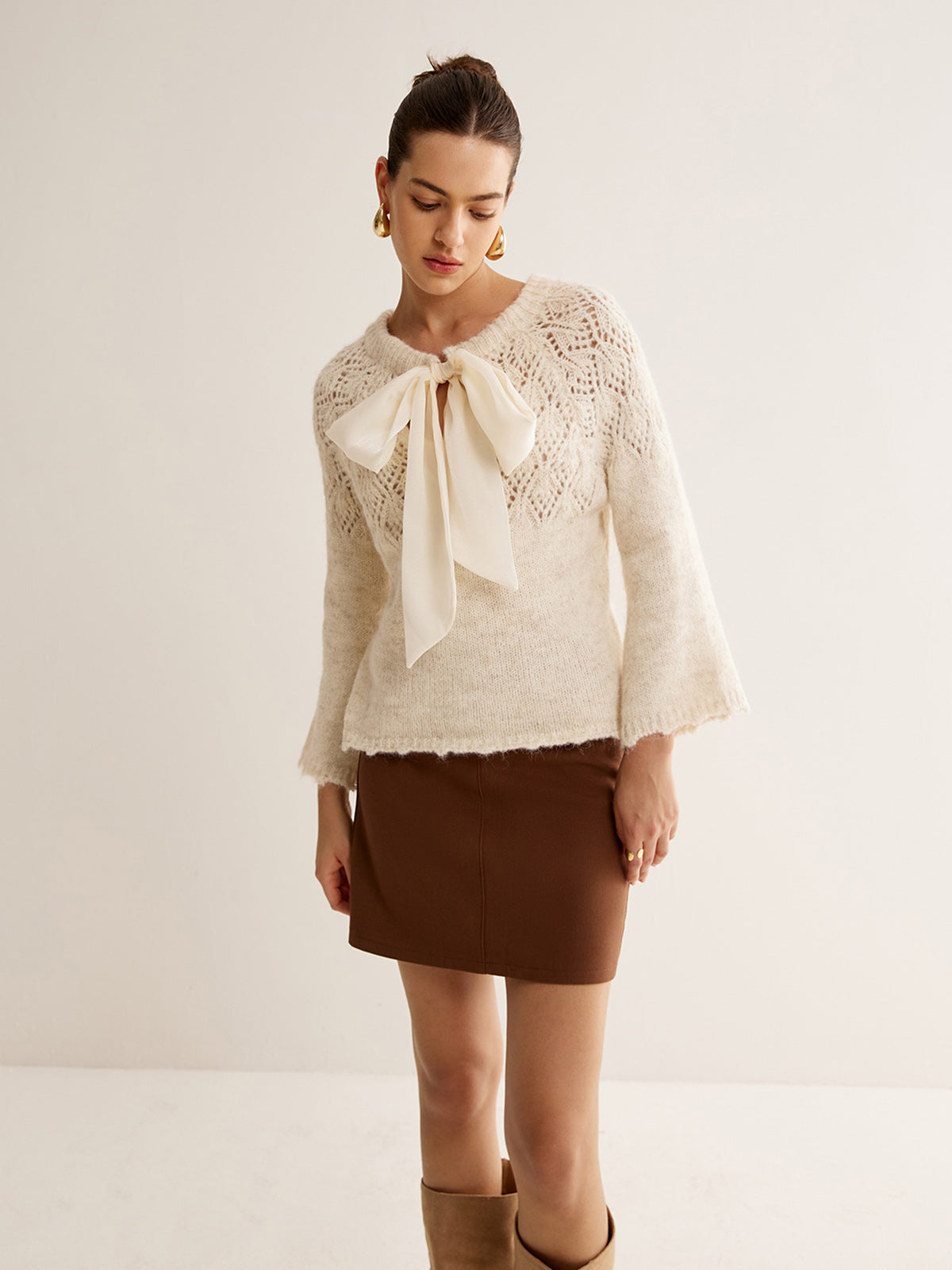 Crochet Bow Jacquard Sweater in Apricot — Svelte Chic