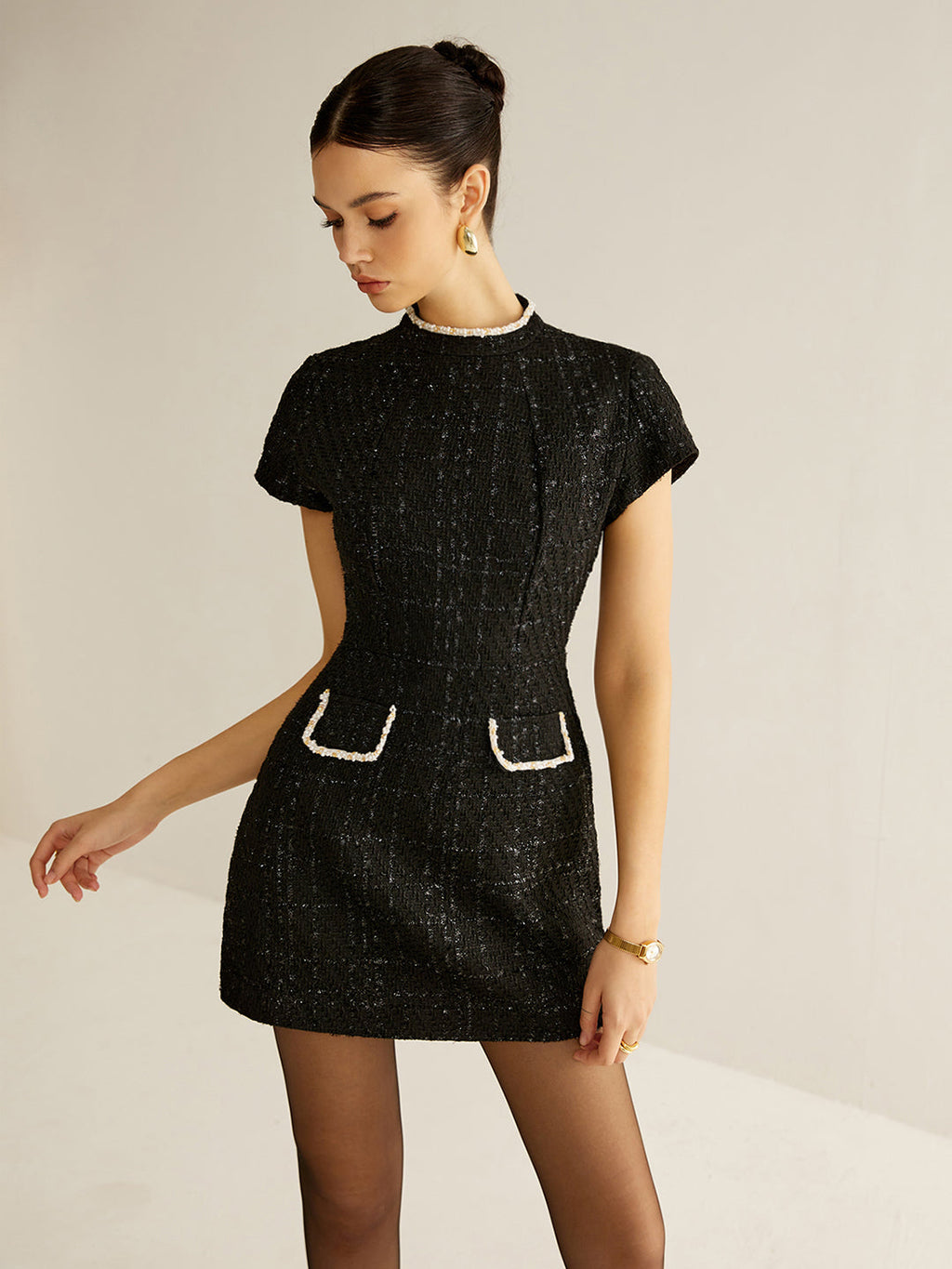 Short Sleeve Tweed Mini Dress in Black — Svelte Chic