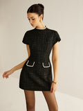 Short Sleeve Tweed Mini Dress in Black — Svelte Chic