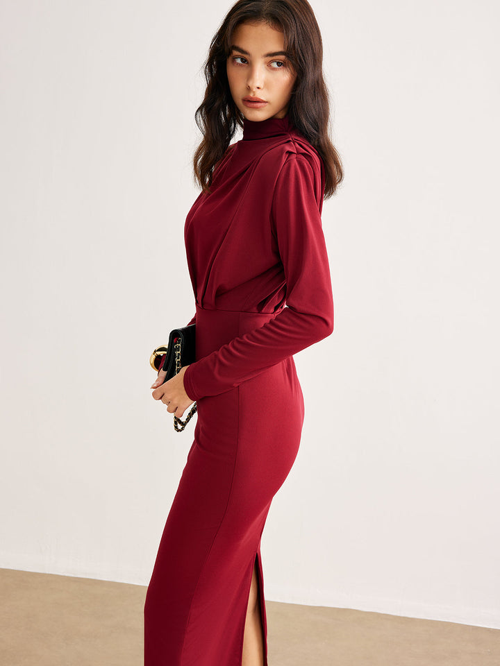 Yüzde 100 Likra Sıfır Yaka Plise Abiye Jersey Elbise