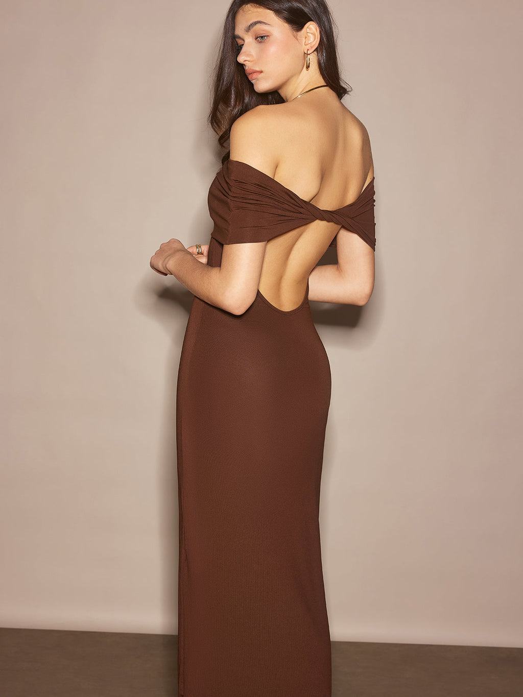 One Shoulder Ruched Maxi Dress in Dark Brown — Svelte Chic