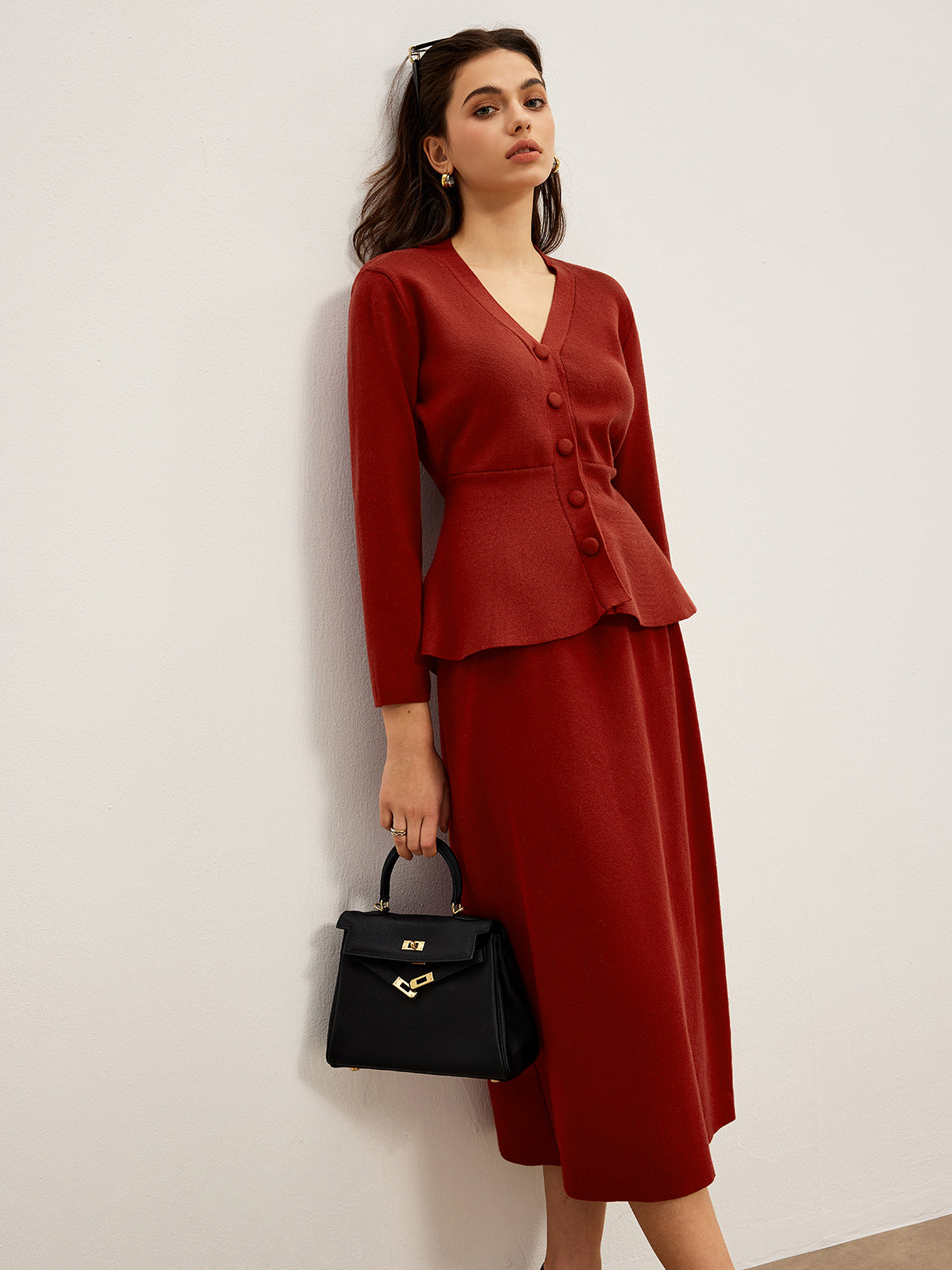 V-Neck Ruffle Jersey Skirt Set in Red — Svelte Chic