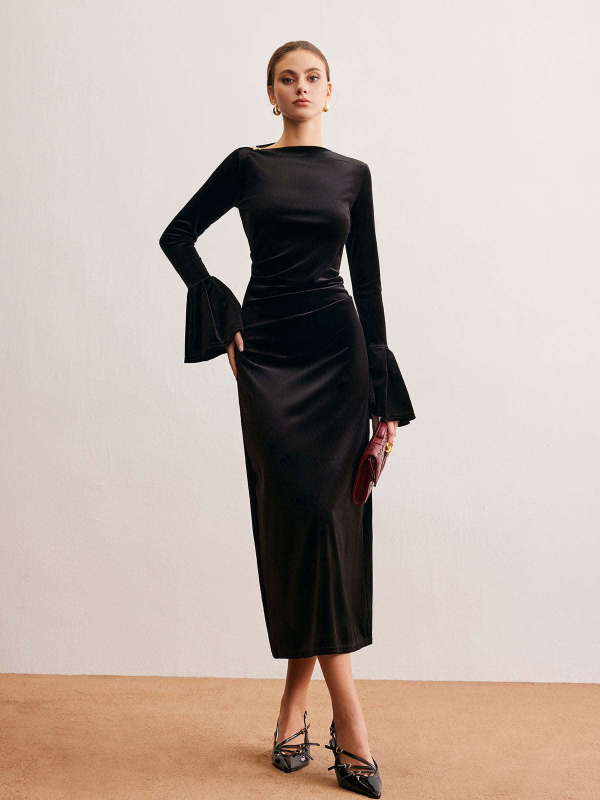 Ruffle Cuff Velvet Maxi Dress — Svelte Chic