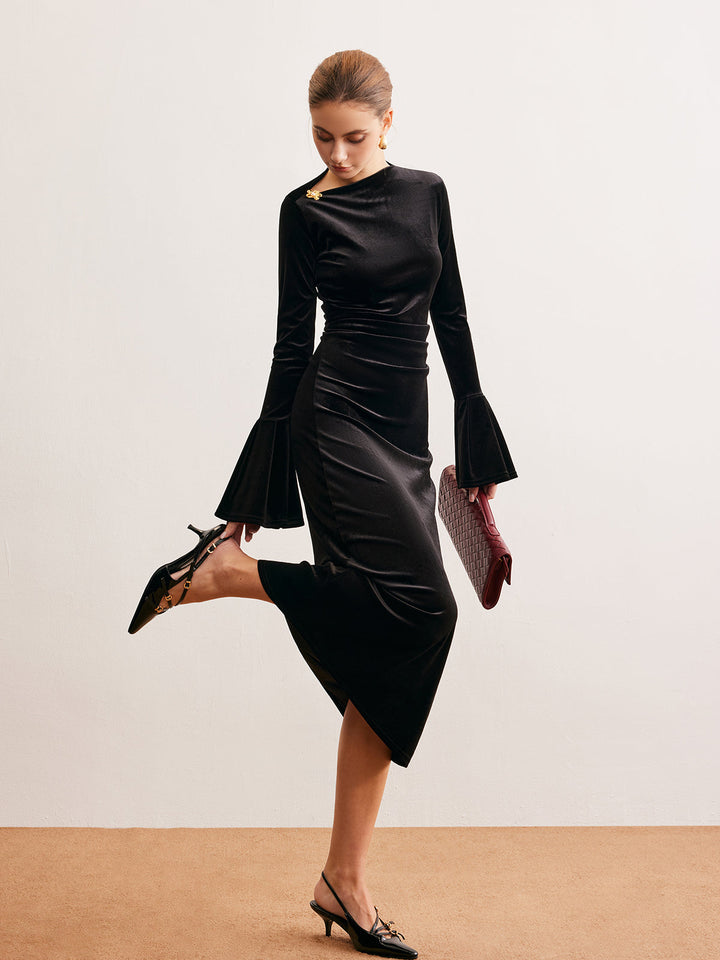 Volanlı Manşetli Kadife Abiye Uzun Elbise