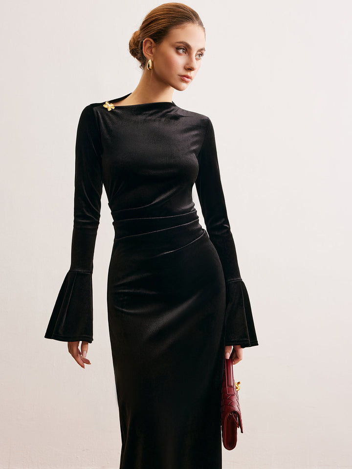 Volanlı Manşetli Kadife Abiye Uzun Elbise