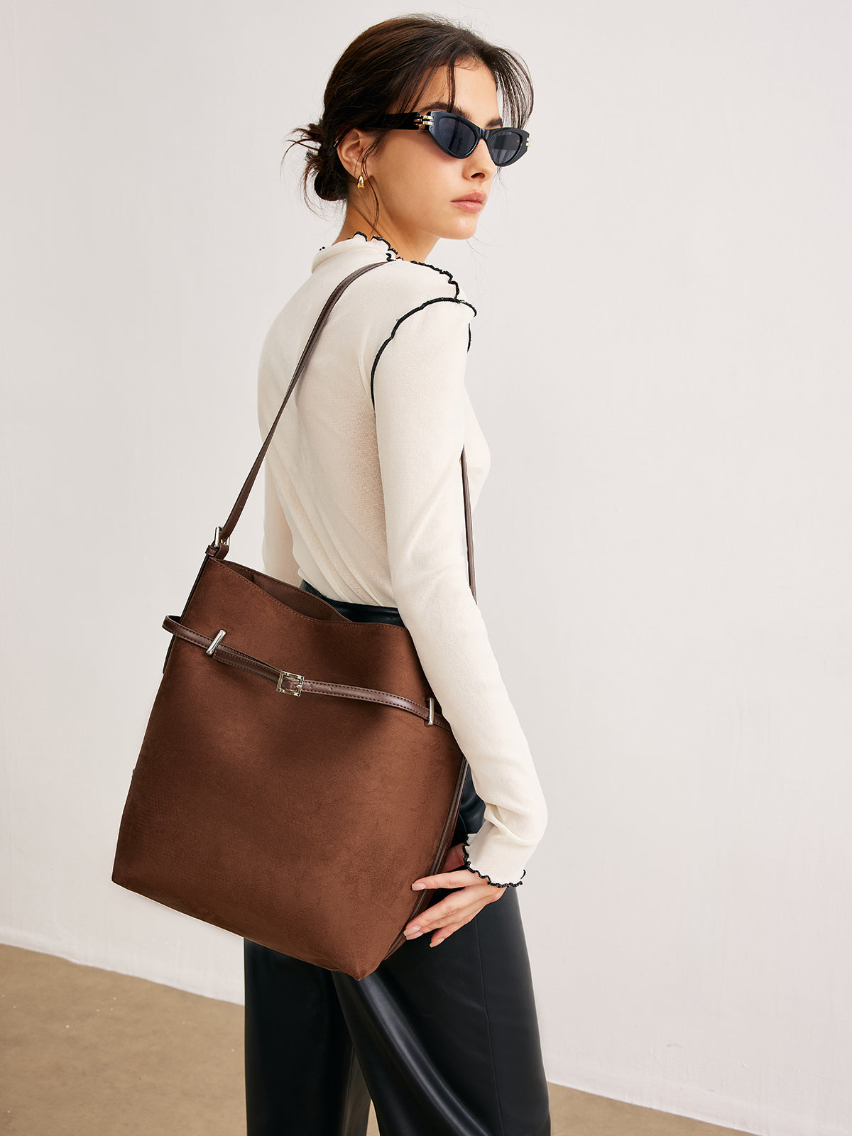 Suede Buckle Bucket Bag — Svelte Chic