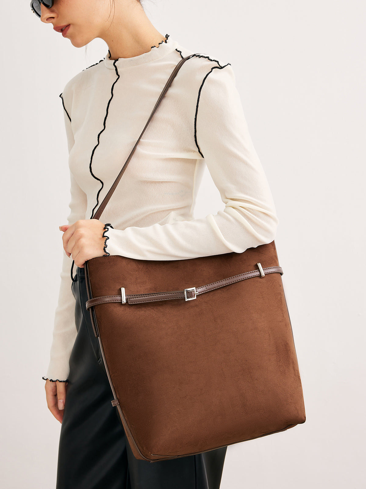 Suede Buckle Bucket Bag in Dark Brown — Svelte Chic