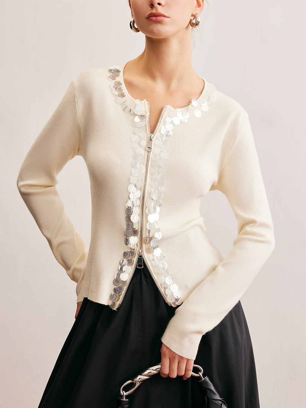 Sequin Two Way Zip Cardigan in White — Svelte Chic