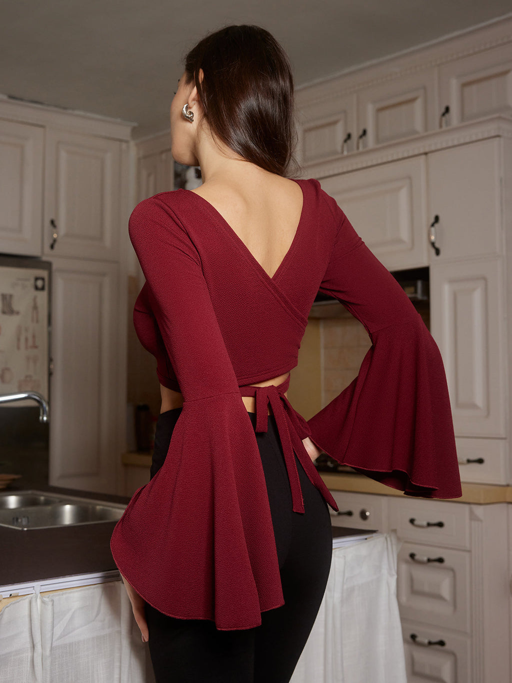 Ruffle Tie Cropped Top in Burgundy — Svelte Chic