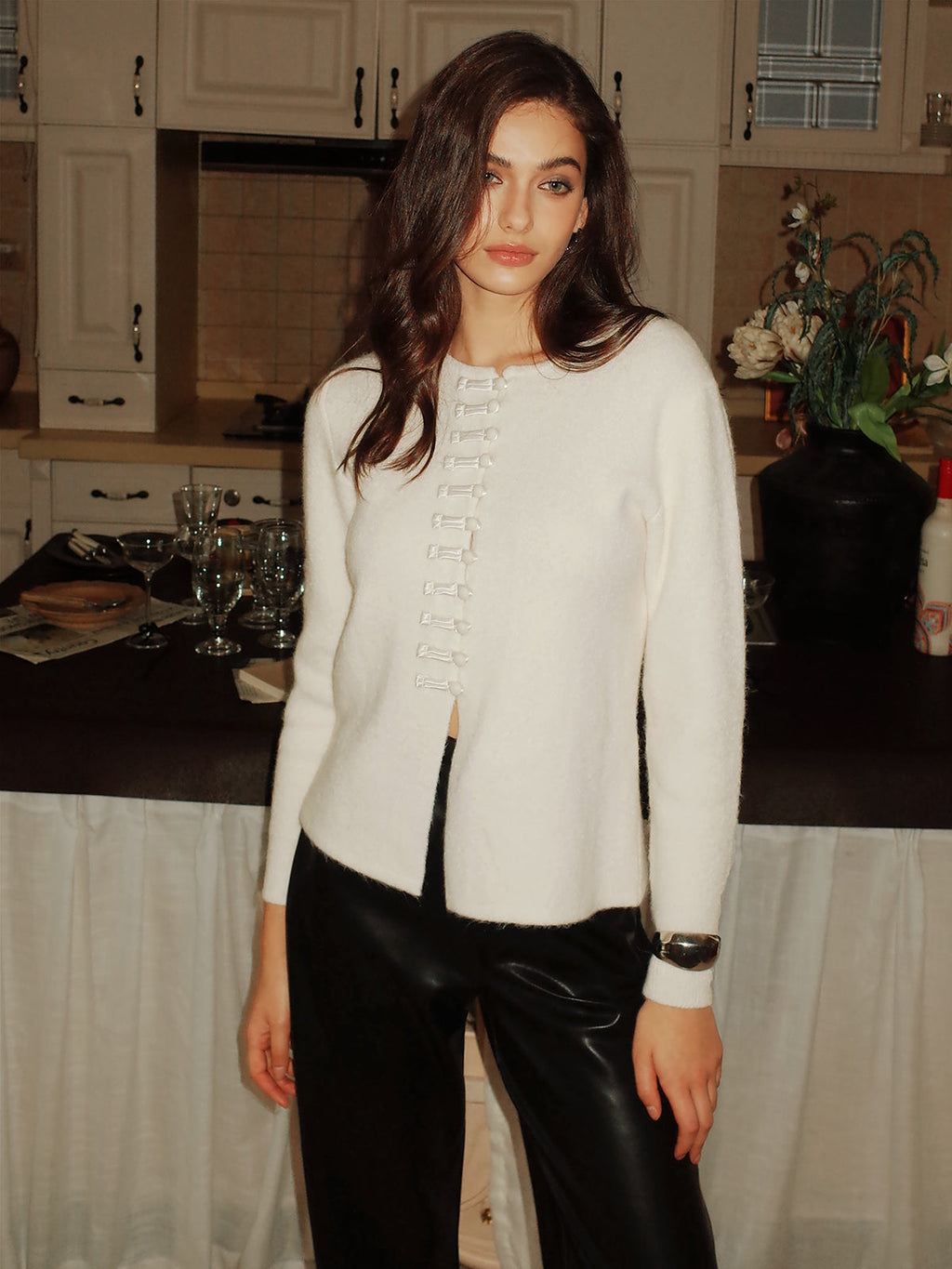 Round Neck Button Knit Blouse — Svelte Chic