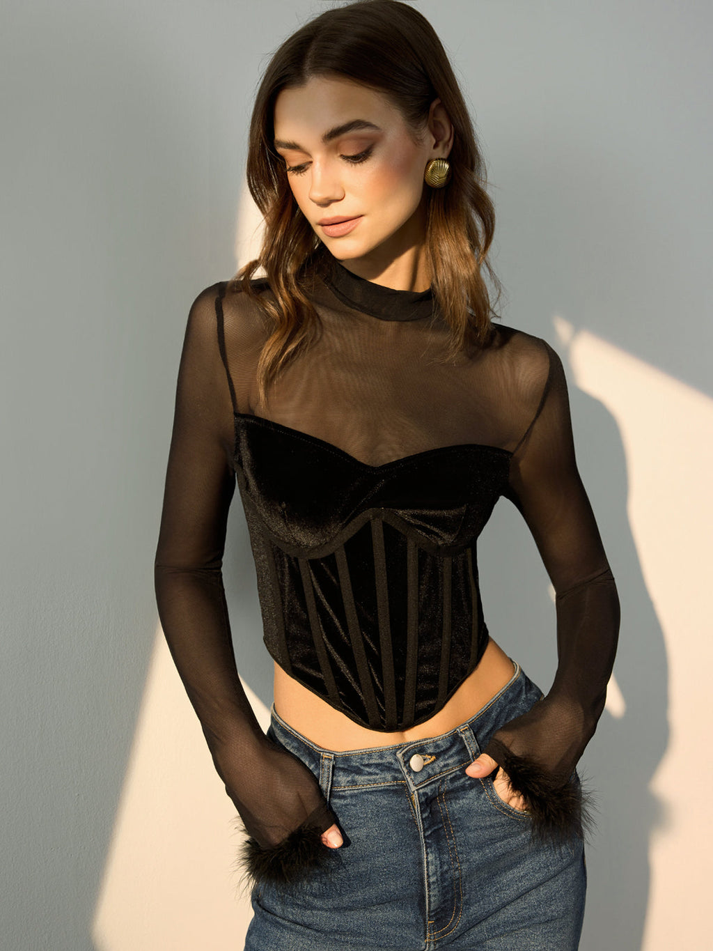 Tulle Panel Velvet Cropped Blouse — Svelte Chic