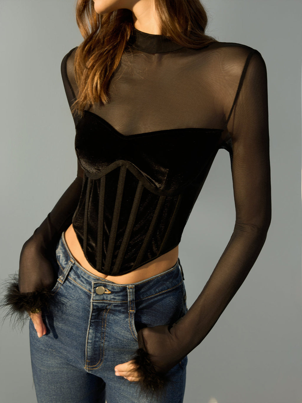 Tulle Panel Velvet Cropped Blouse in Black — Svelte Chic