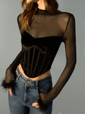 Tulle Panel Velvet Cropped Blouse in Black — Svelte Chic