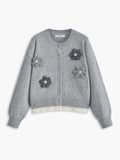 3D Flower Contrast Trim Velvet Cardigan in Grey — Svelte Chic
