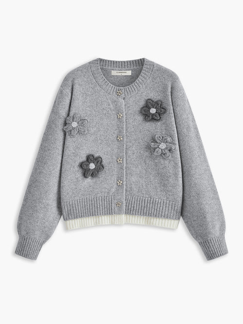 3D Flower Contrast Trim Velvet Cardigan in Grey — Svelte Chic