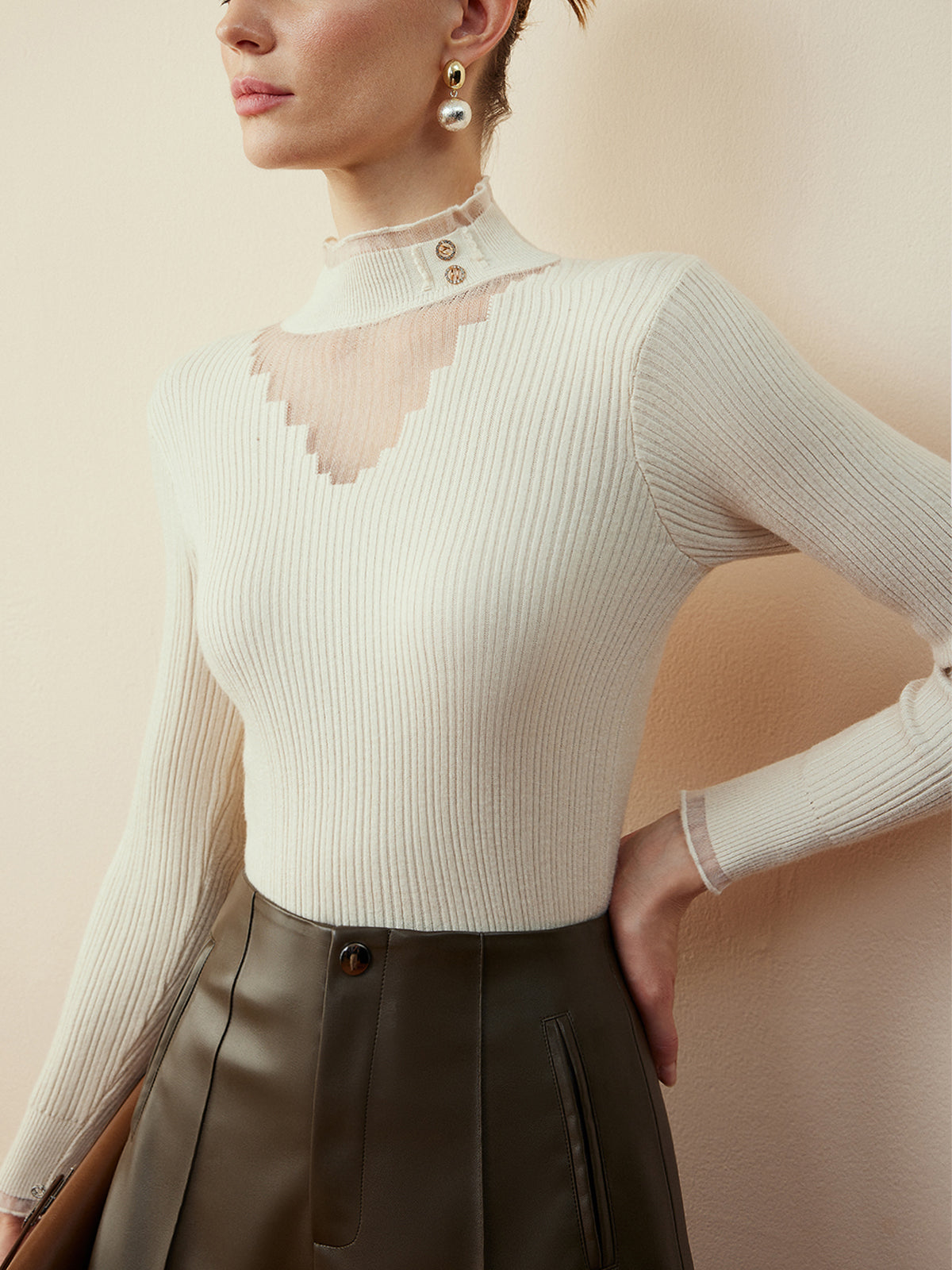 Mock Neck Sheer Detail Knit Blouse in Khaki — Svelte Chic