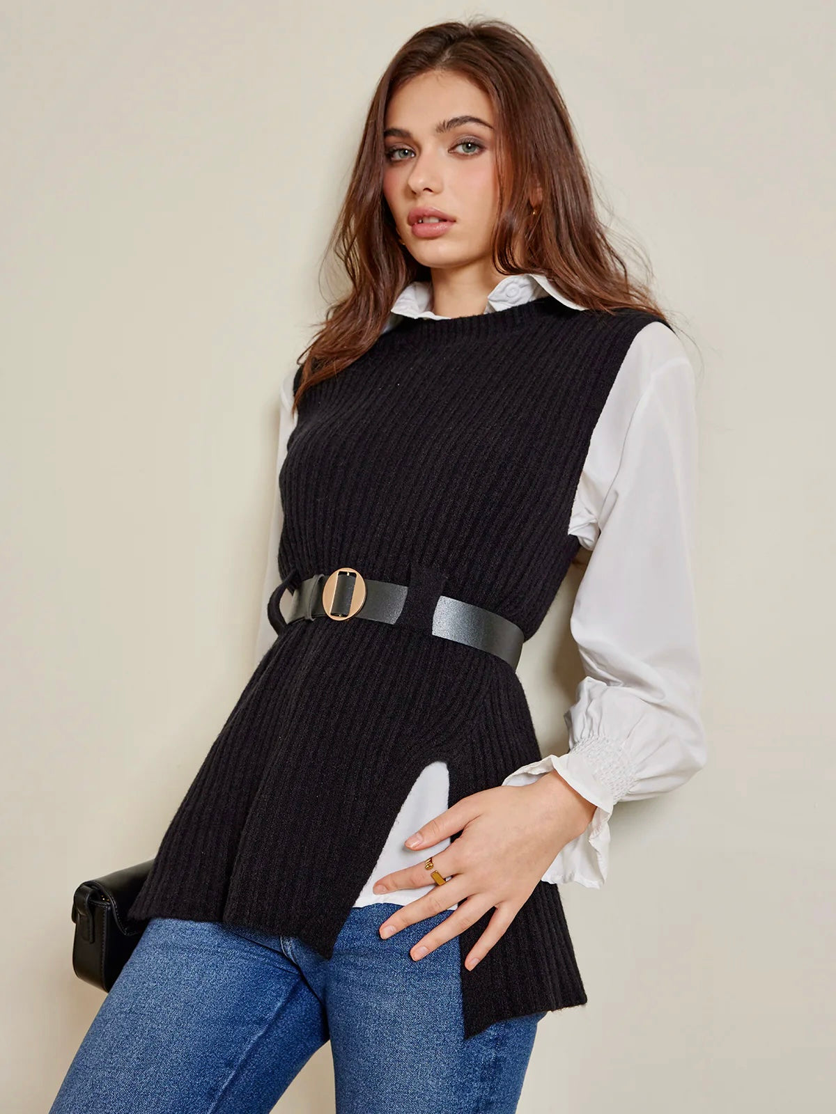 Two Piece Belted Knit and Polo Set in Black — Svelte Chic