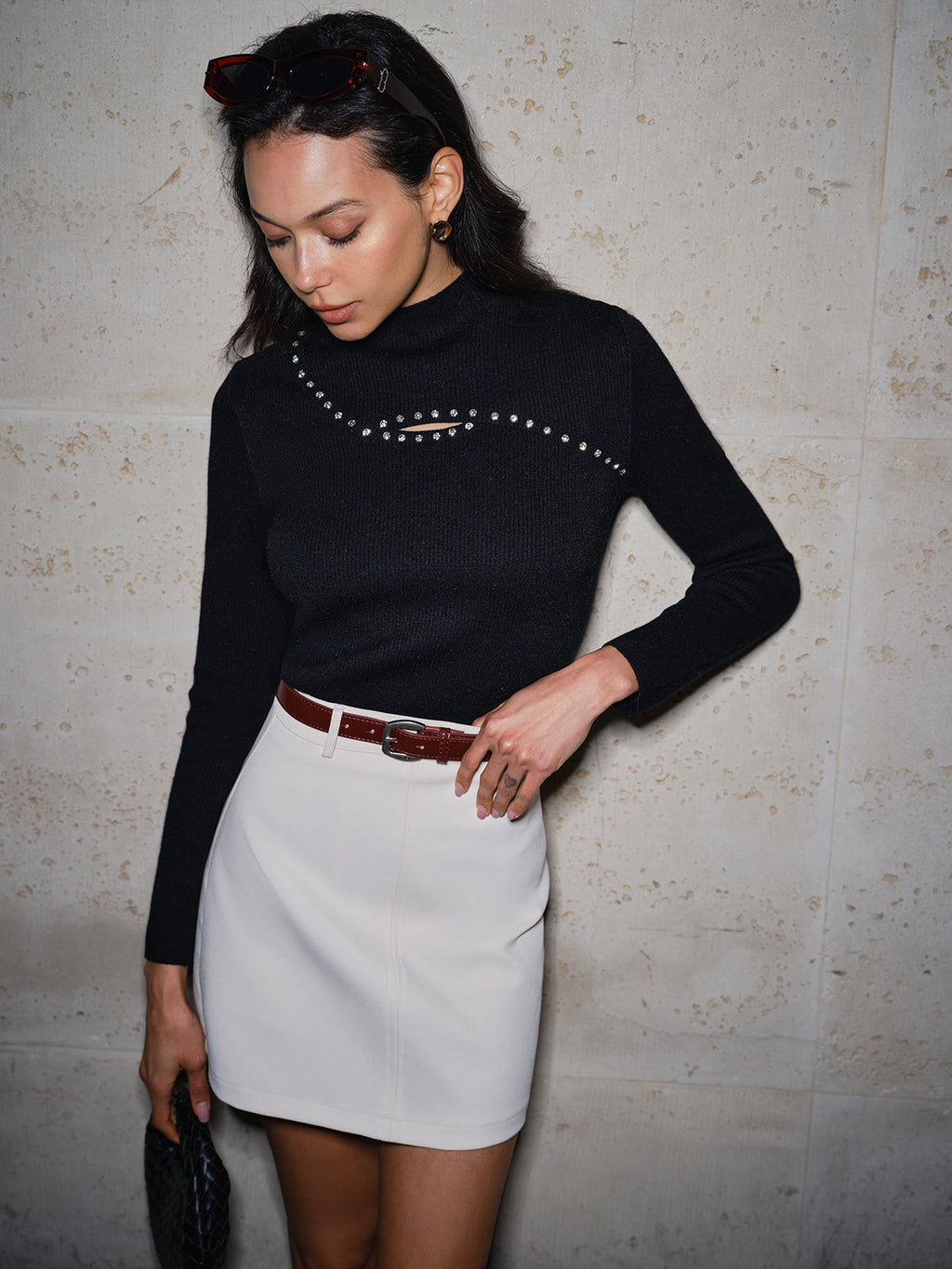 Beaded Cutout Ribbed Sweater in Black — Svelte Chic
