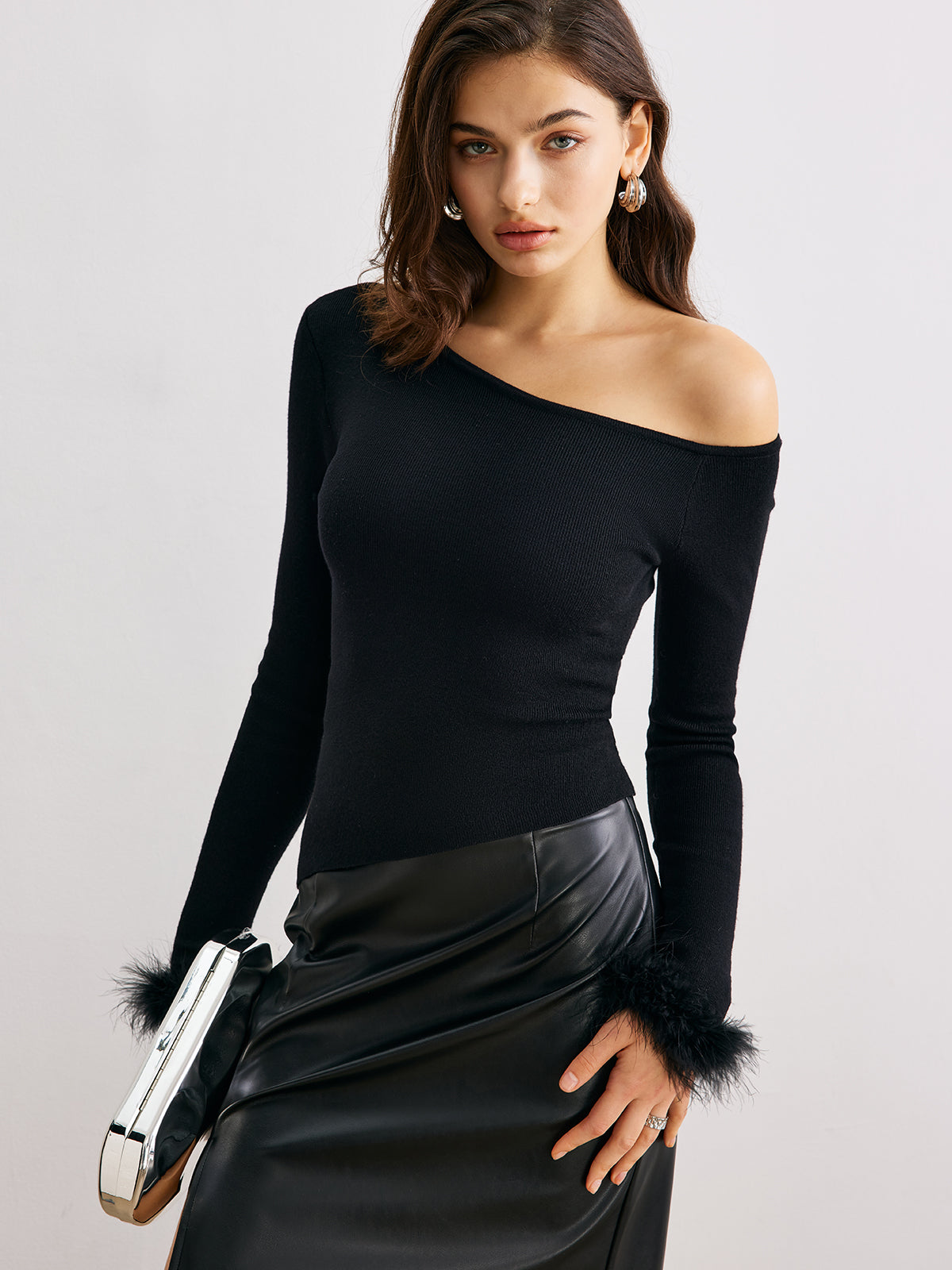 Asymmetric Neck Cashmere Blend Sweater in Black — Svelte Chic