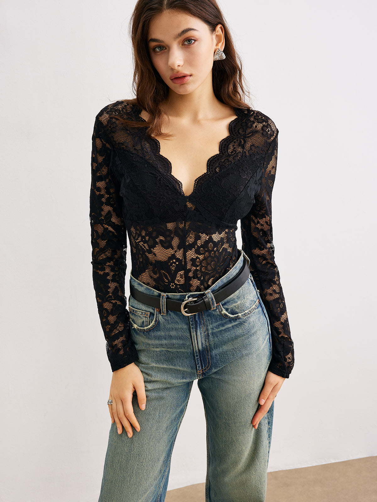 Wave Trim Lace Panel Bodysuit in Black — Svelte Chic