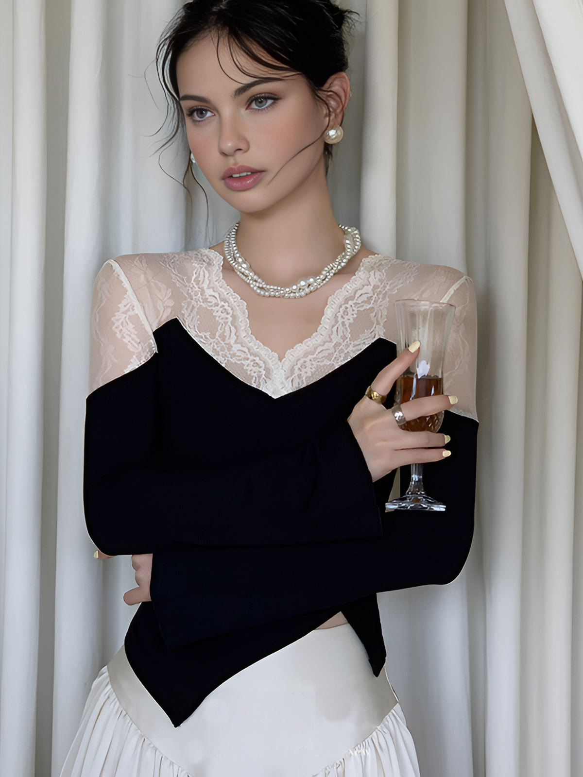 Asymmetric Lace Panel Blouse in Black — Svelte Chic