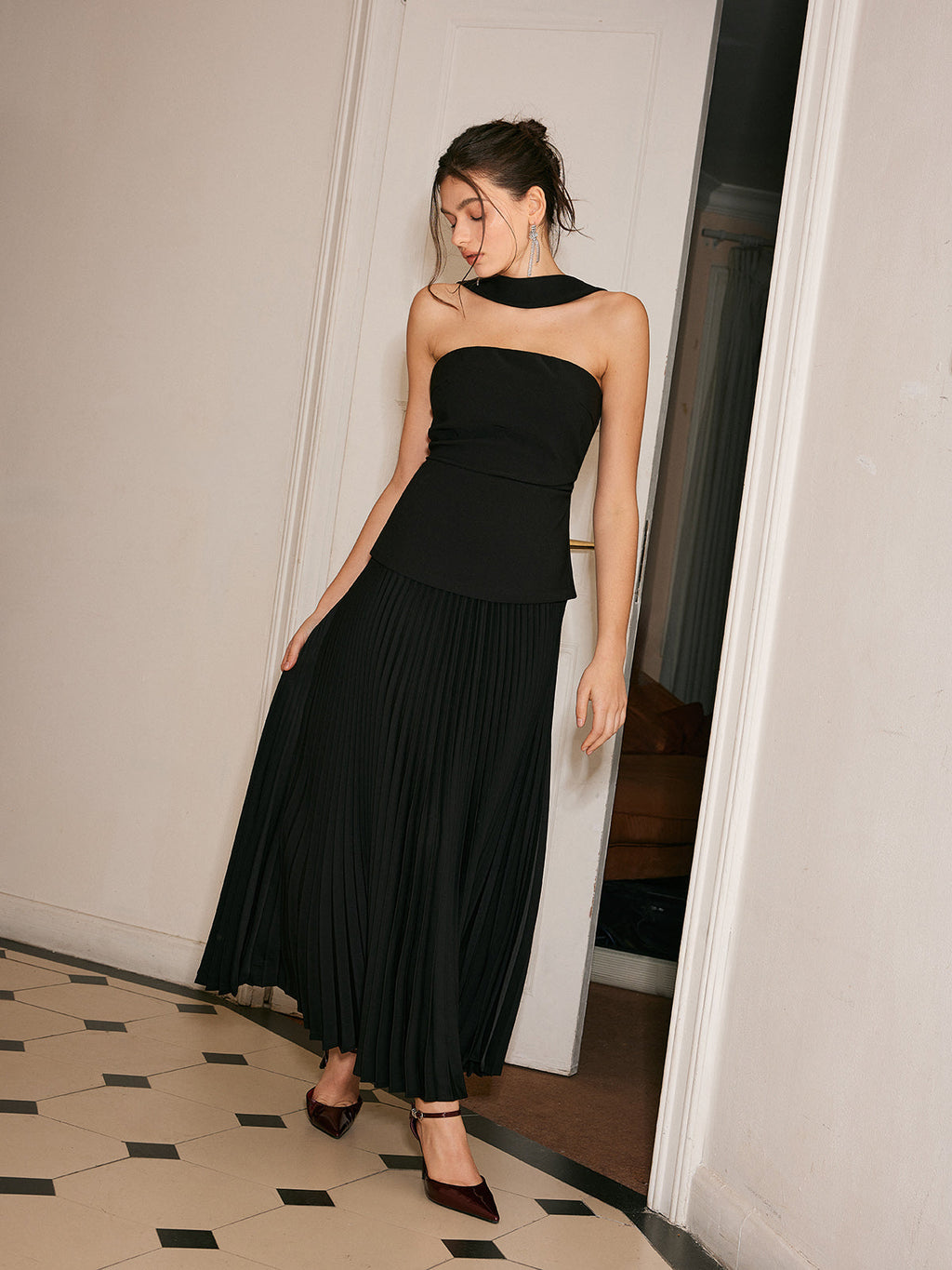Choker Neck Pleated Panel Maxi Dress — Svelte Chic