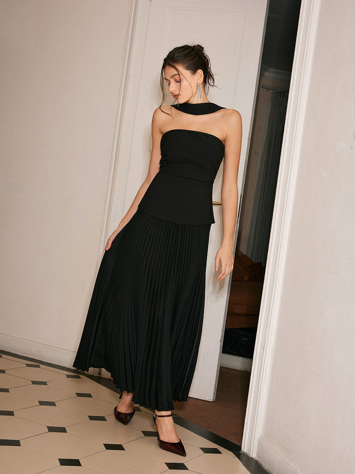 Choker Neck Pleated Panel Maxi Dress — Svelte Chic