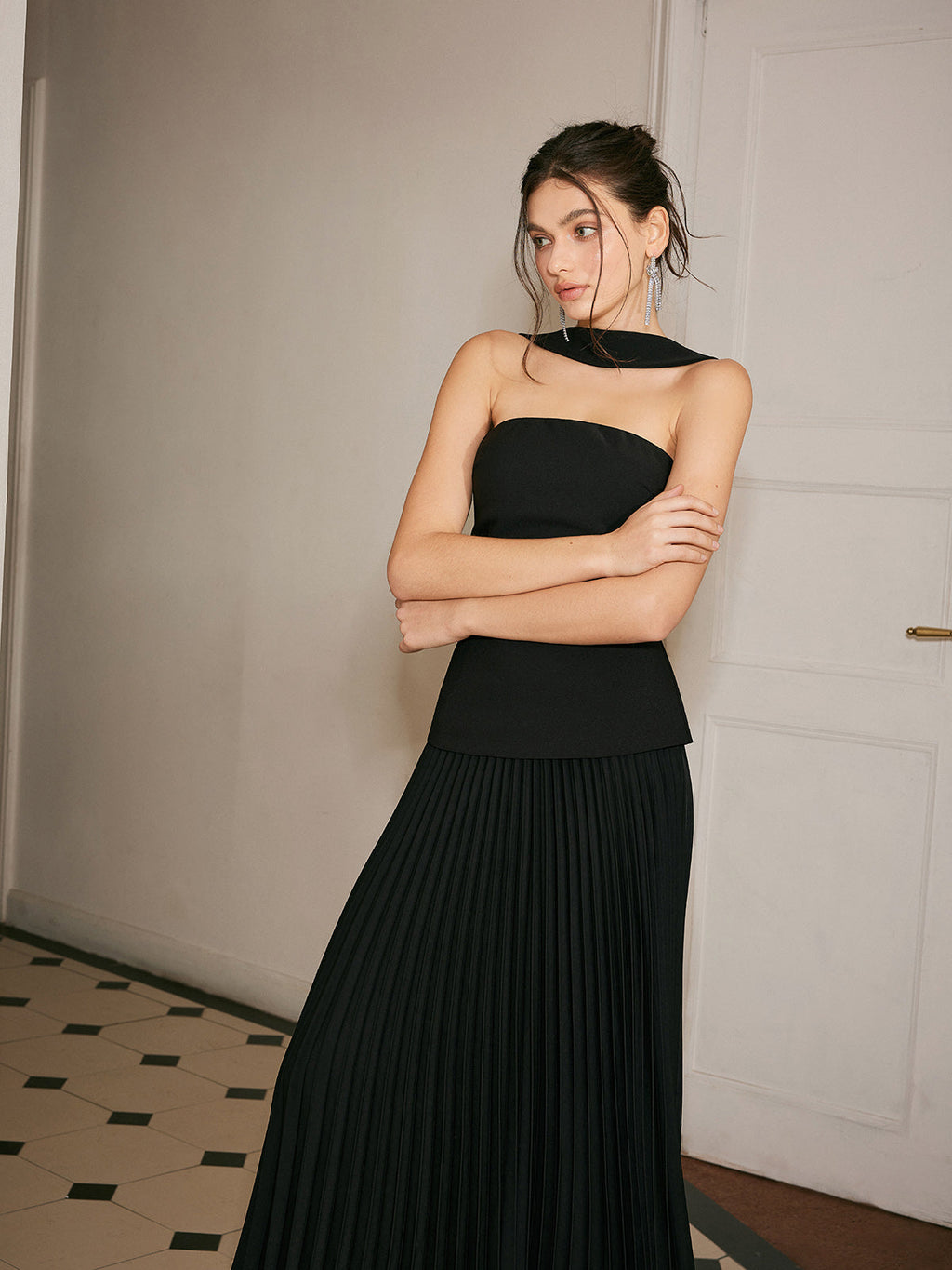 Choker Neck Pleated Panel Maxi Dress — Svelte Chic