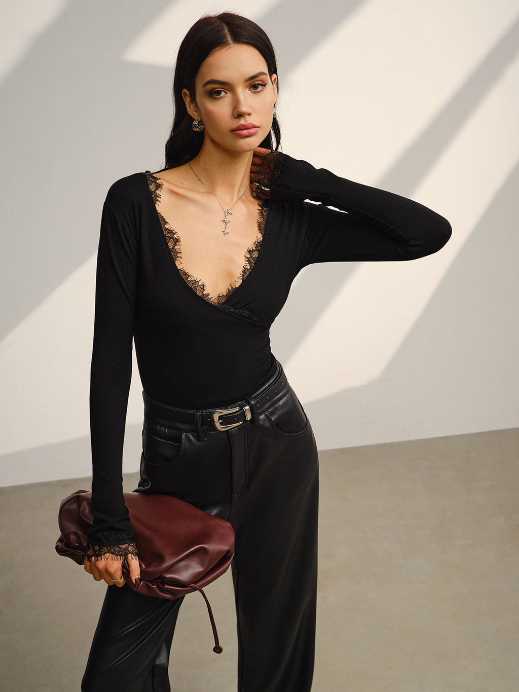 V-Neck Lace Trim Jersey Top — Svelte Chic