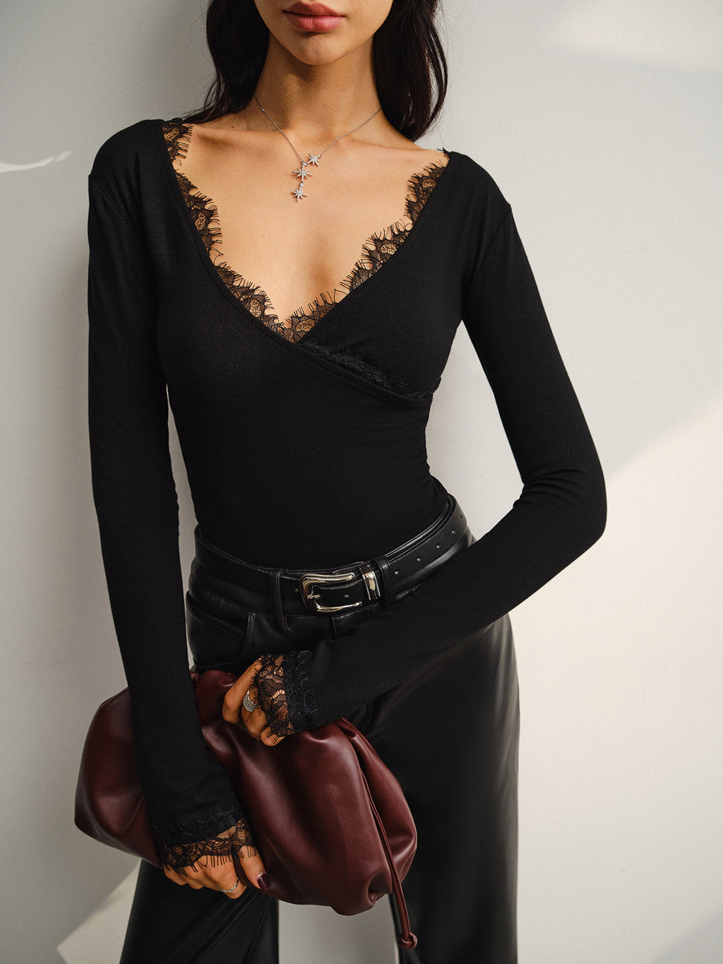 V-Neck Lace Trim Jersey Top in Black — Svelte Chic