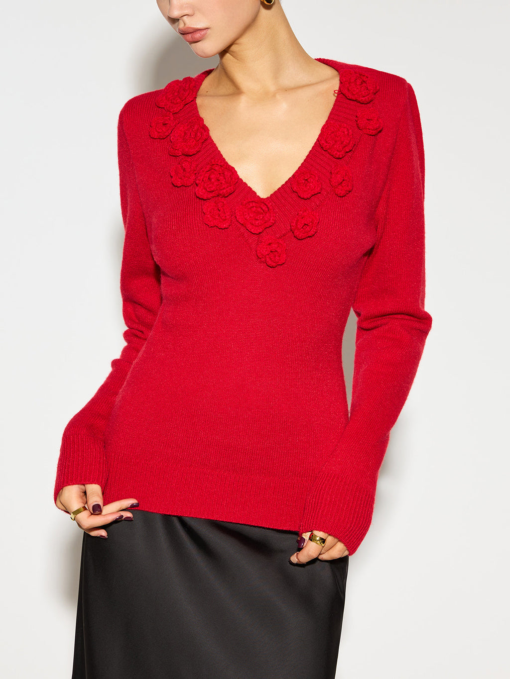 V-Neck 3D Flower Knit Top — Svelte Chic