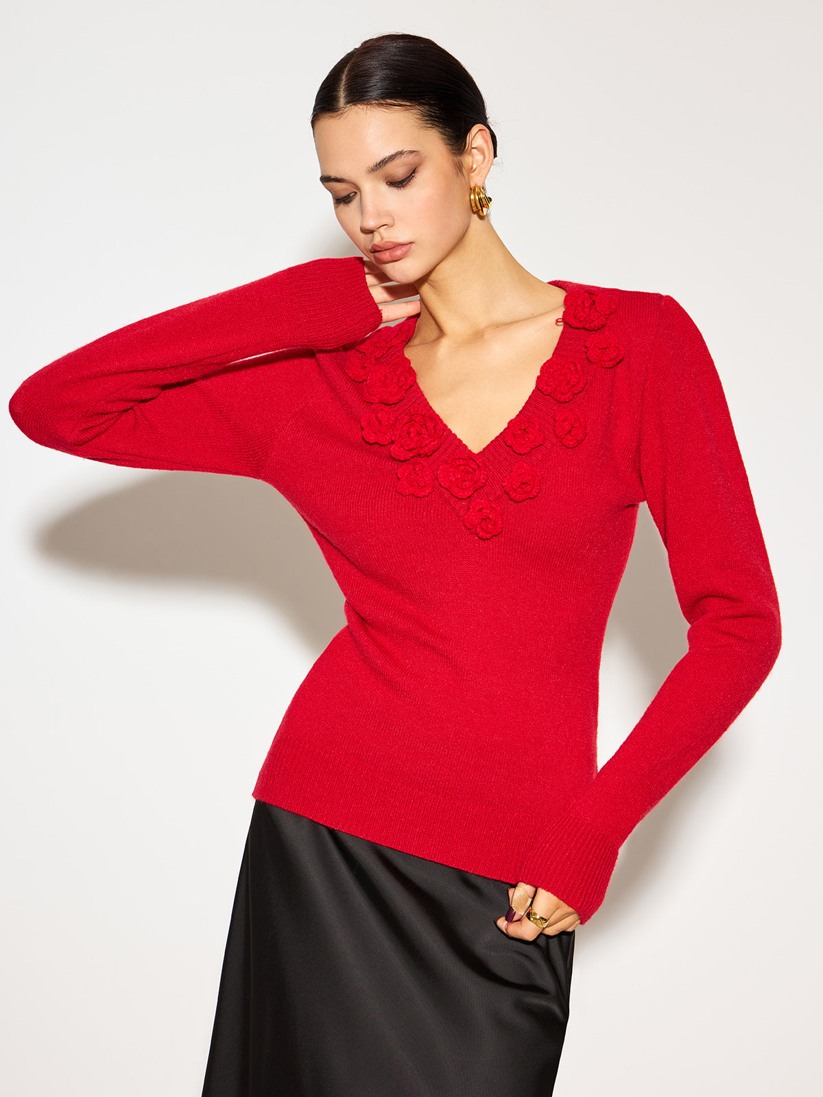 V-Neck 3D Flower Knit Top — Svelte Chic