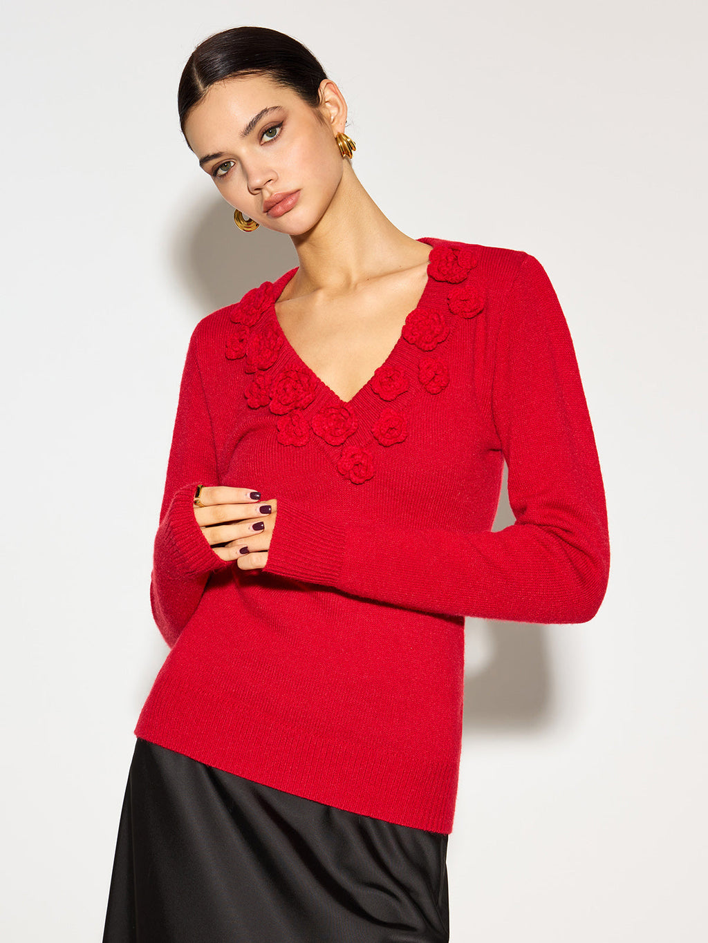V-Neck 3D Flower Knit Top — Svelte Chic