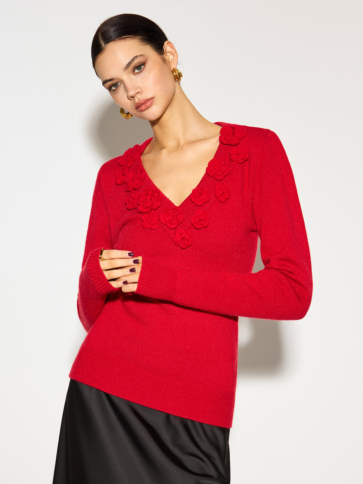 V-Neck 3D Flower Knit Top — Svelte Chic