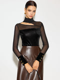 Stand Collar Mesh Detail Velvet Top in Black — Svelte Chic