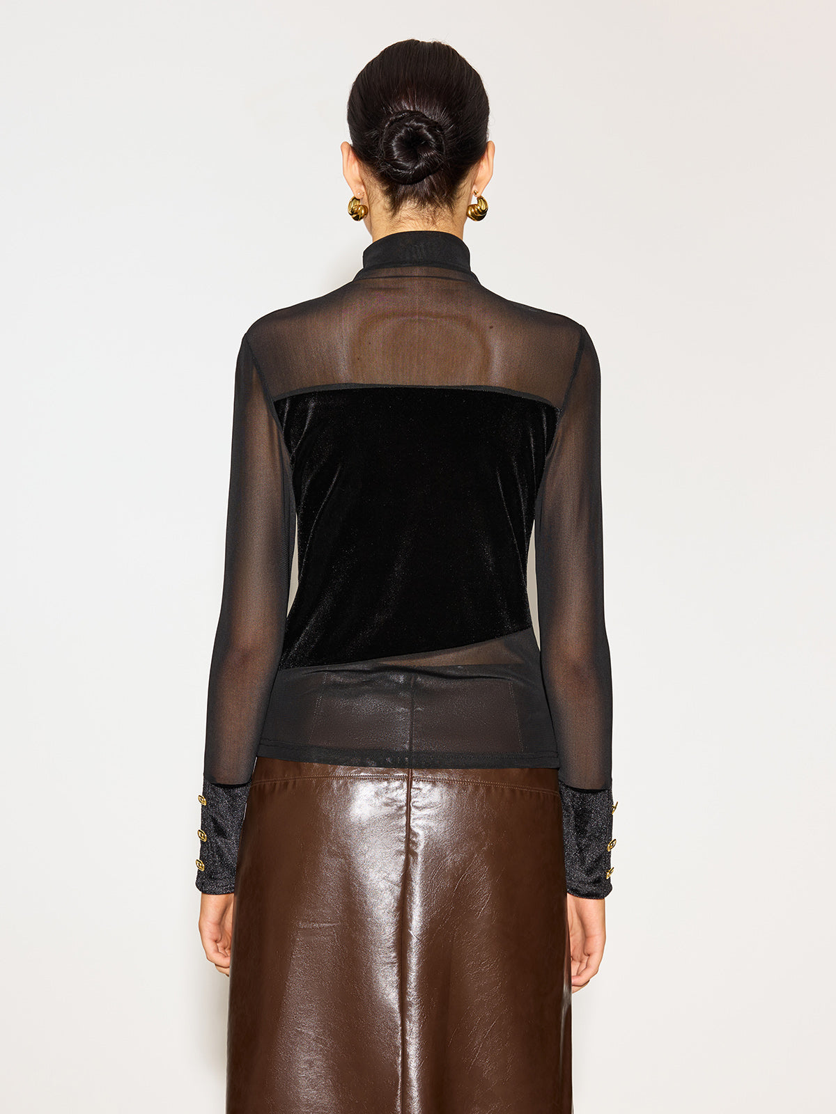 Stand Collar Mesh Detail Velvet Top — Svelte Chic