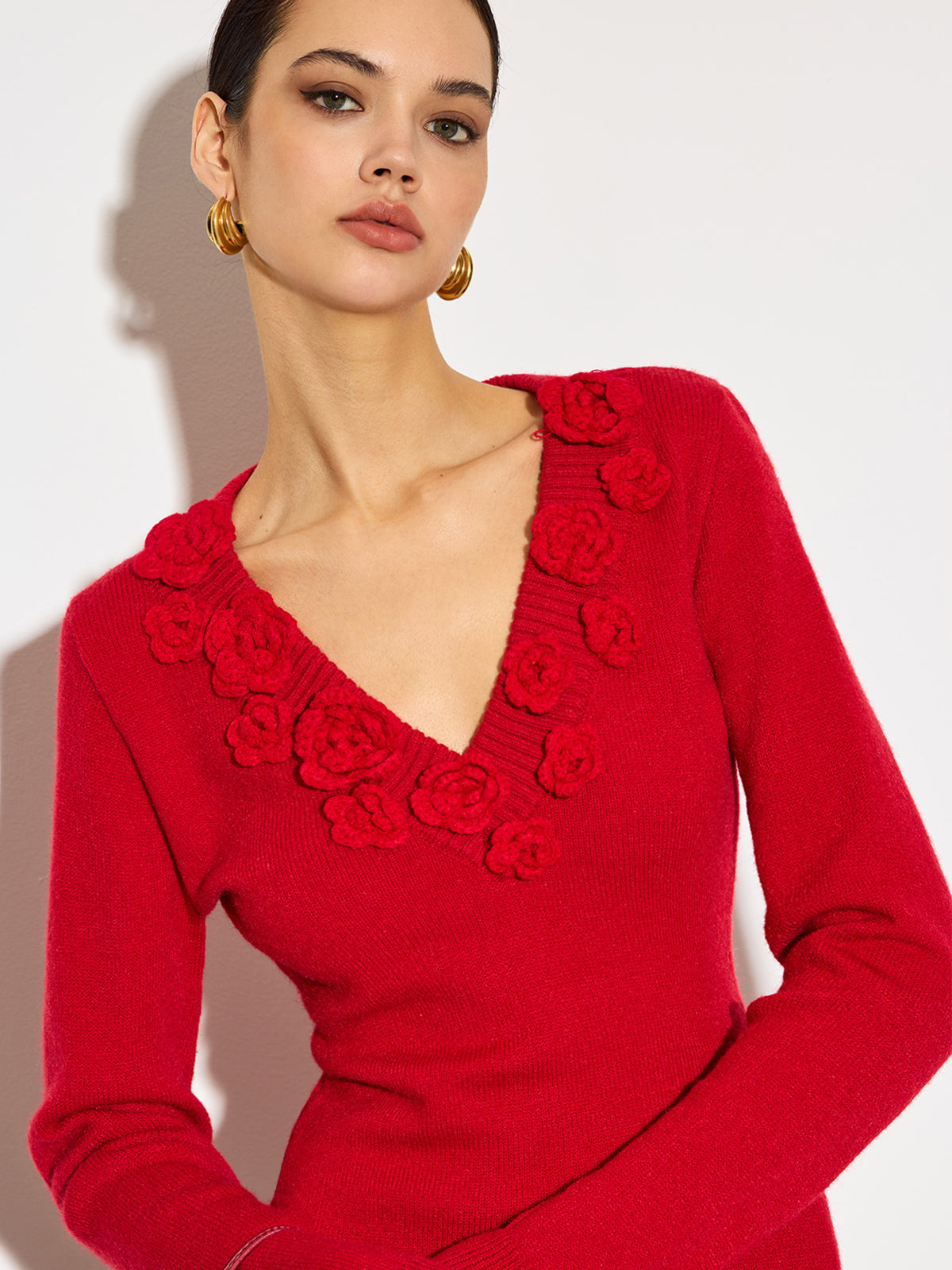 V-Neck 3D Flower Knit Top — Svelte Chic