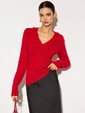 V-Neck 3D Flower Knit Top in Red — Svelte Chic