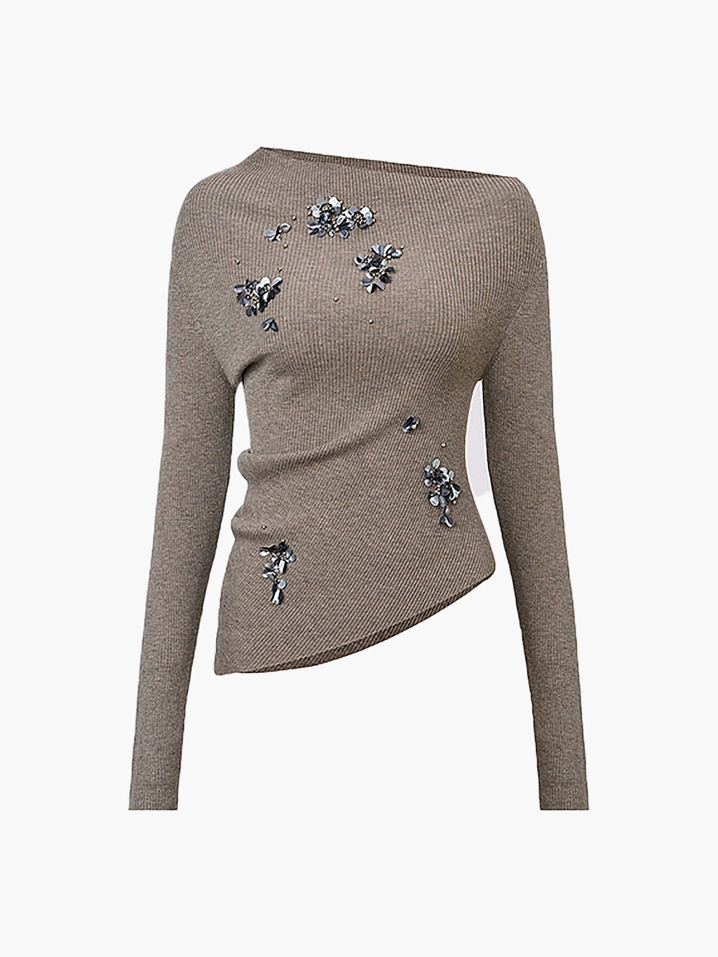 Asymmetric Sequin Wool Blend Knit Top in Khaki — Svelte Chic