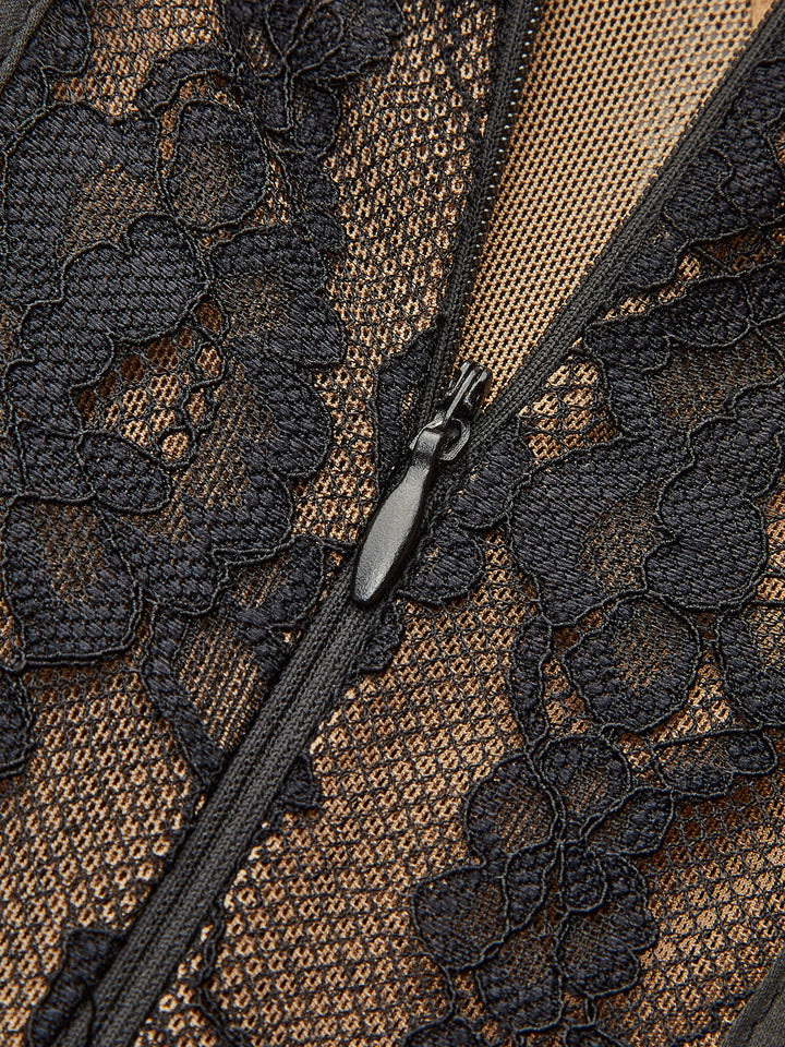 Zarif Dantel Kolsuz Abiye Elbise Fırfırlı Saten Alt Kenar ile