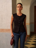 Split Button Round Neck Vest in Black — Svelte Chic
