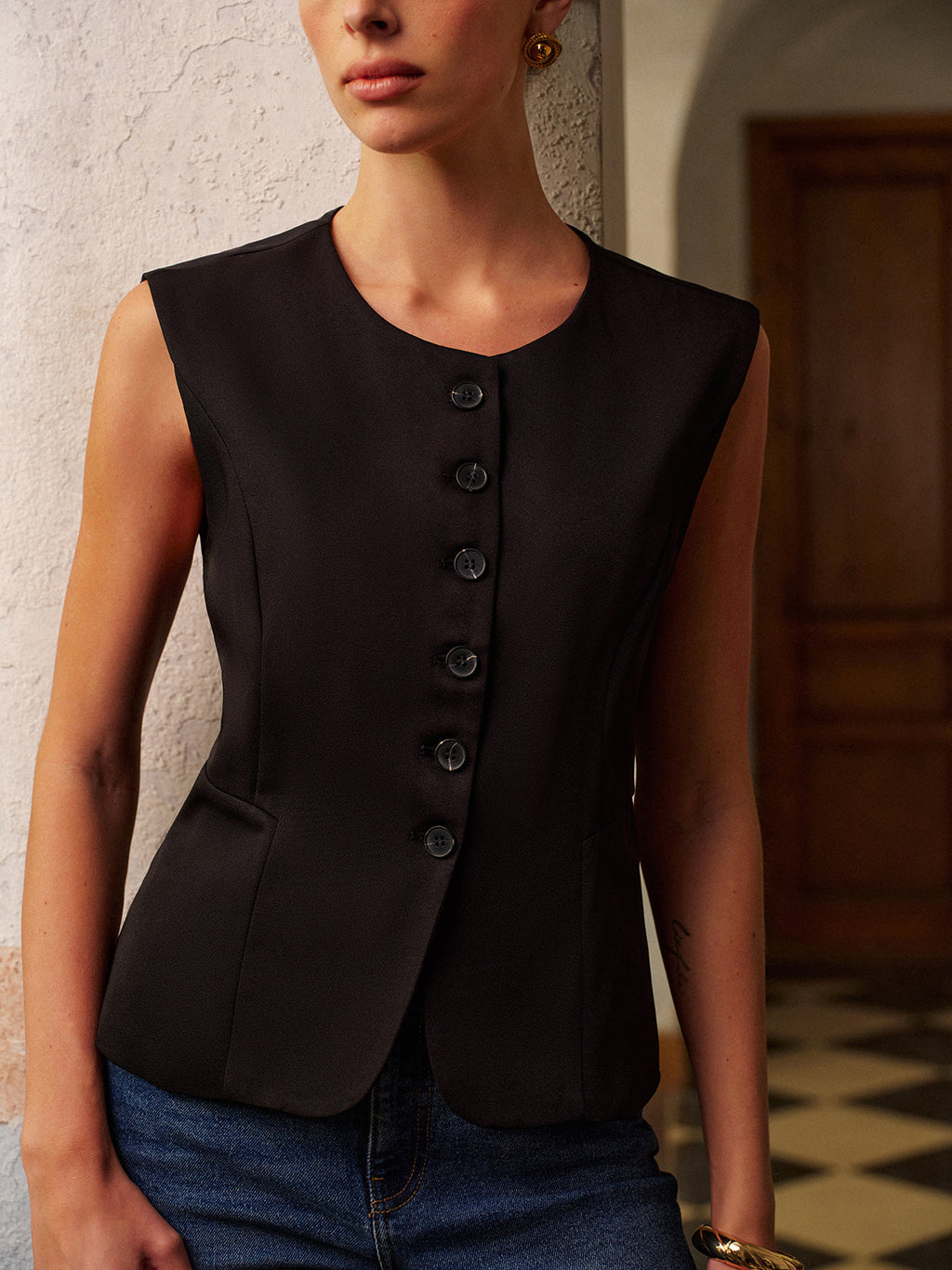 Split Button Round Neck Vest — Svelte Chic