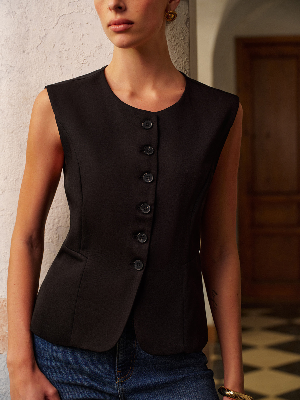 Split Button Round Neck Vest — Svelte Chic