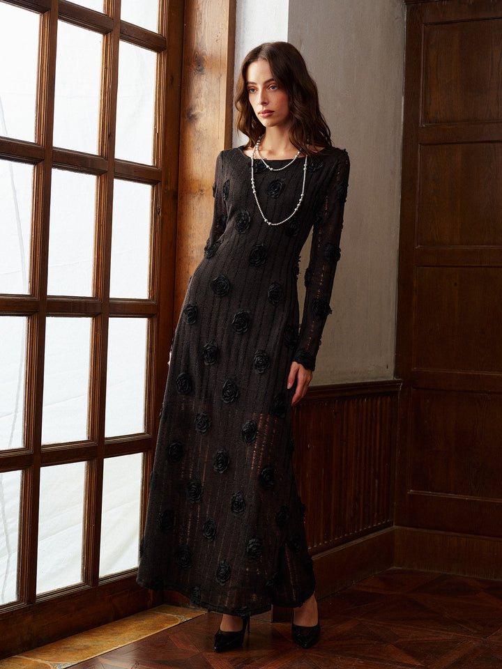 Зашеметяваща вечерна рокля с дълъг ръкав и 3D флорален принт