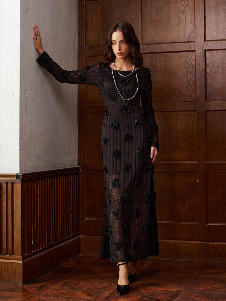 Зашеметяваща вечерна рокля с дълъг ръкав и 3D флорален принт