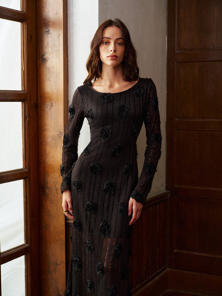 Зашеметяваща вечерна рокля с дълъг ръкав и 3D флорален принт