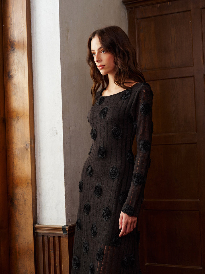 Зашеметяваща вечерна рокля с дълъг ръкав и 3D флорален принт