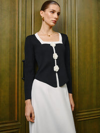 Стилен плетен топ с 3D флорален принт и стилни контрастни шевове