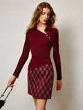 Asymmetric Button Polo Blouse in Burgundy — Svelte Chic