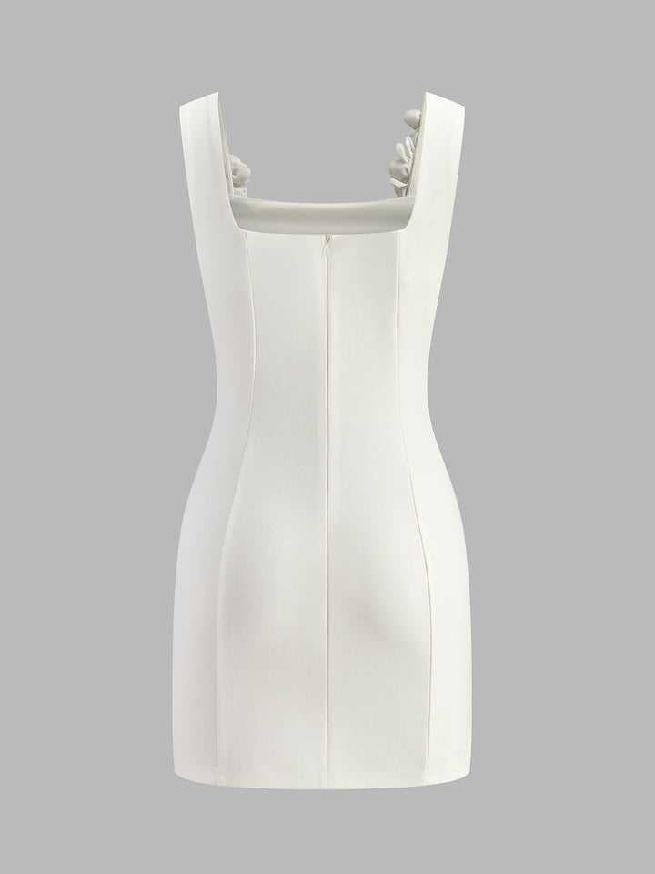 Çarpıcı 3D Çiçek Desenli Askılı Kısa Abiye Elbise Fermuar Detayıyla